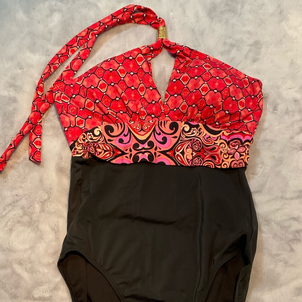 NWOT Jantzen Black Orange One Piece Swimsuit with Gold Neck Tie